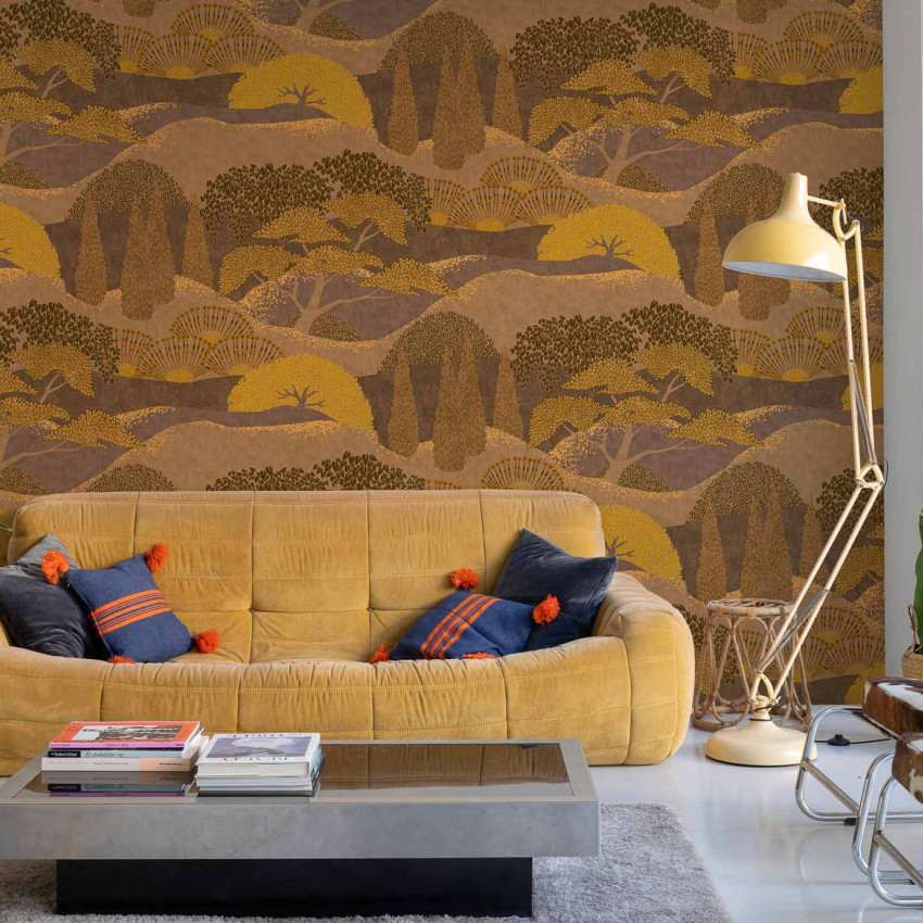 Tapet lavabil Jardín Japonés, Curry, cu design artistic al copacilor și dealurilor, inspirat din grădinile japoneze.