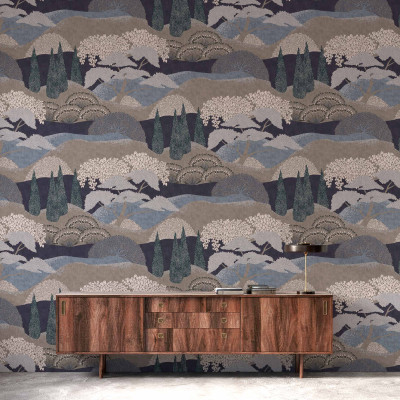 Tapet lavabil Jardín Japonés Añil, cu un design delicat, cu un model de copaci și dealuri, perfect pentru a aduce o notă de eleganță și relaxare în orice cameră.