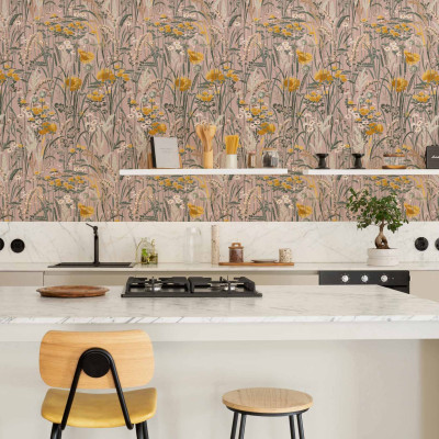 Tapet lavabil Pradera, Rosa cu design floral delicat si vibrant. Ideal pentru decorarea casei.