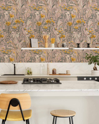 Tapet lavabil Pradera, Rosa cu design floral delicat si vibrant. Ideal pentru decorarea casei.