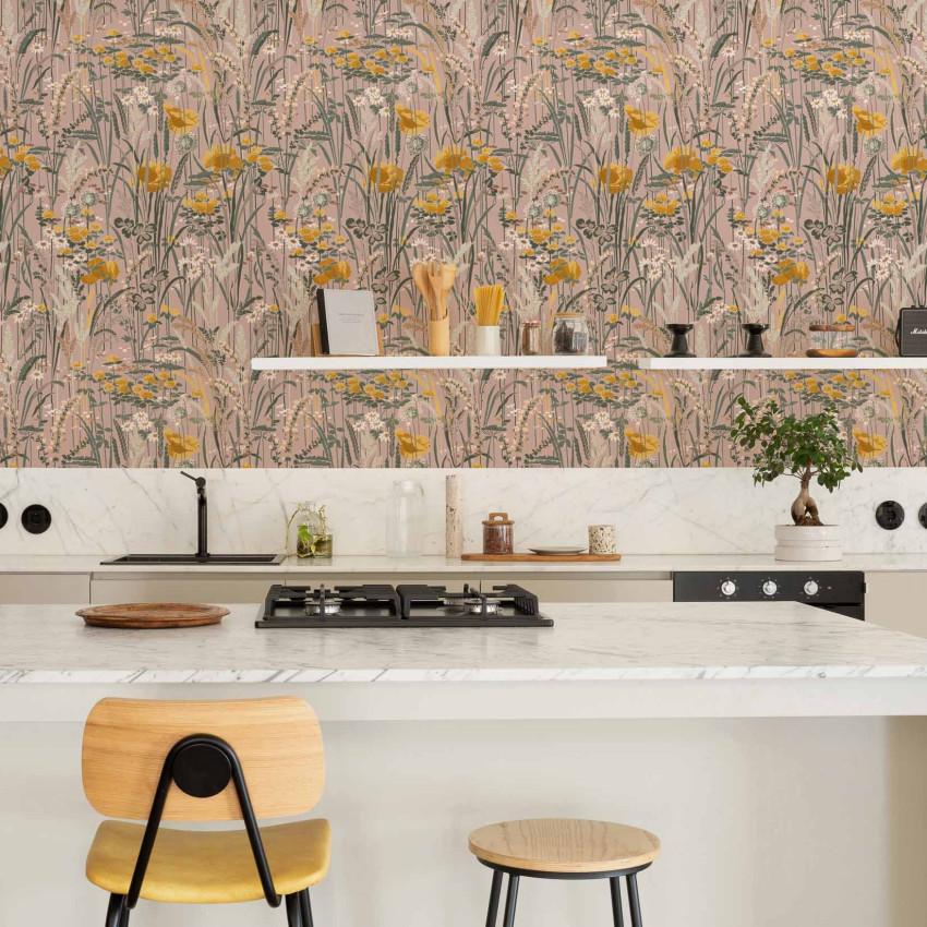 Tapet lavabil Pradera, Rosa cu design floral delicat si vibrant. Ideal pentru decorarea casei.