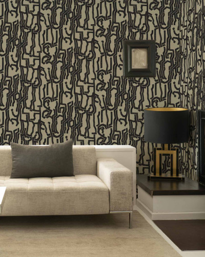 Tapet lavabil cu un model geometric elegant, linii negre pe fond gri deschis. Perfect pentru a crea un decor modern și sofisticat.