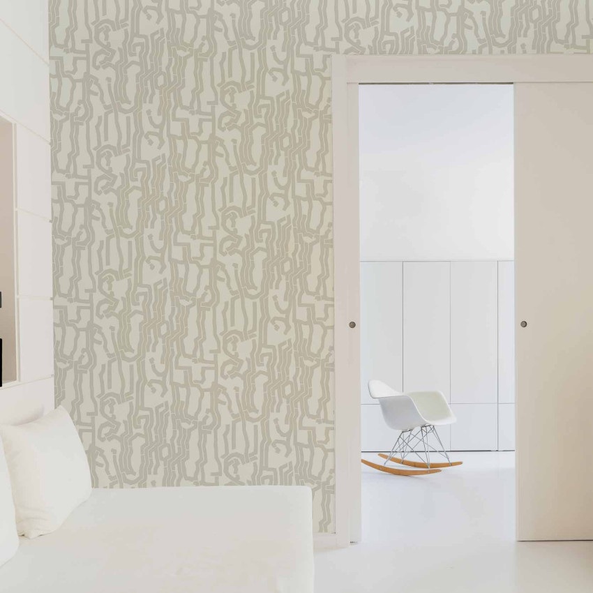 Tapet lavabil cu design modern si linii subtile gri pe un fundal alb.