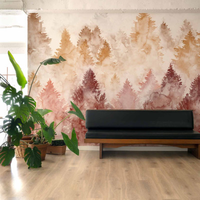 Tapet lavabil Mendia Coral, cu nuanțe calde de coral și maro, design unic cu siluete de copaci, inspirat din natura.