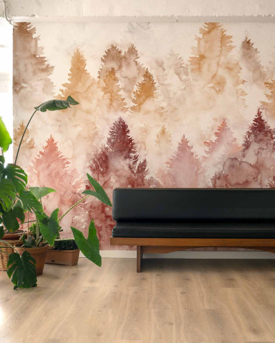 Tapet lavabil Mendia Coral, cu nuanțe calde de coral și maro, design unic cu siluete de copaci, inspirat din natura.