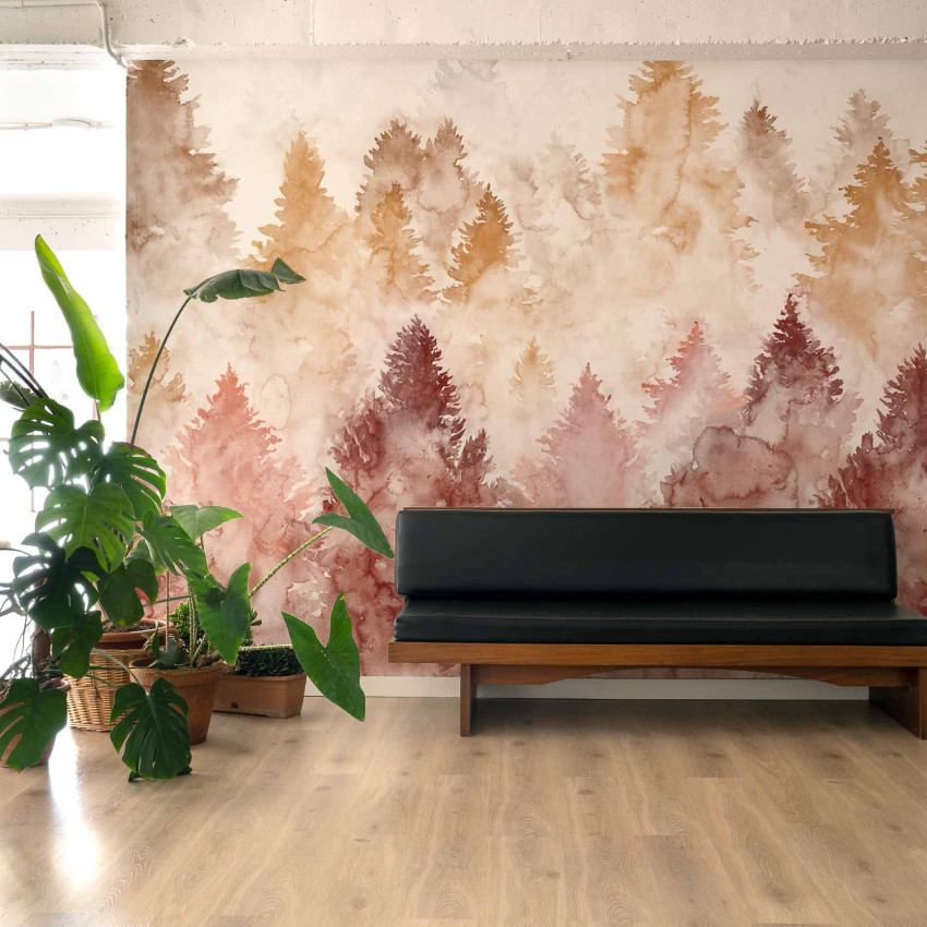 Tapet lavabil Mendia Coral, cu nuanțe calde de coral și maro, design unic cu siluete de copaci, inspirat din natura.