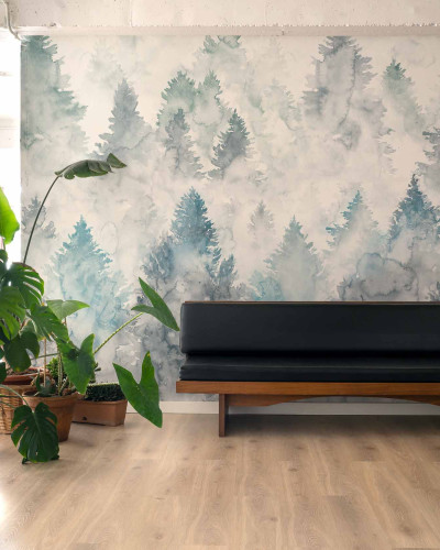 Tapet lavabil Mendia, Añil, Coordonne - design cu accente de albastru-verde și o nuanță de alb.