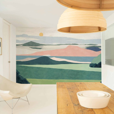 Tapet lavabil cu imprimeu modern de natură, cu culori delicate și un design minimalist.