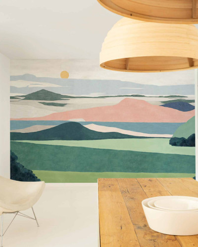 Tapet lavabil cu imprimeu modern de natură, cu culori delicate și un design minimalist.