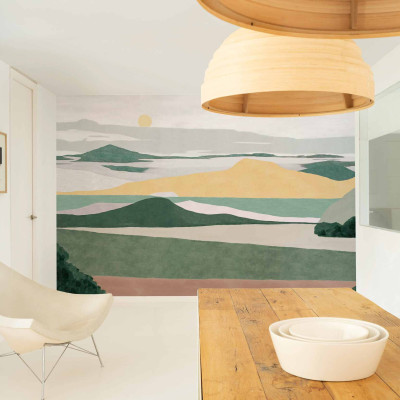 Tapet lavabil cu design modern, care prezintă un peisaj abstract cu munți și dealuri, în culori pastelate.
