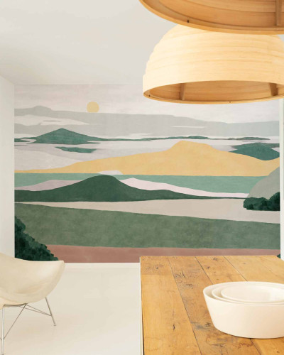 Tapet lavabil cu design modern, care prezintă un peisaj abstract cu munți și dealuri, în culori pastelate.