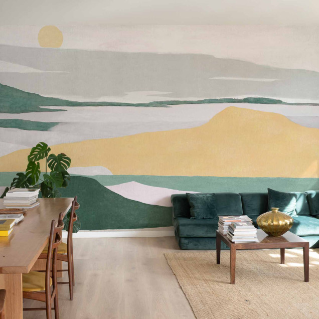 Tapet lavabil cu design modern, care prezintă un peisaj abstract cu munți și dealuri, în culori pastelate.