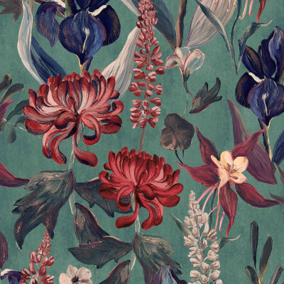 Tapet lavabil cu model floral elegant, flori roșii, mentă și albastre pe fundal verde.