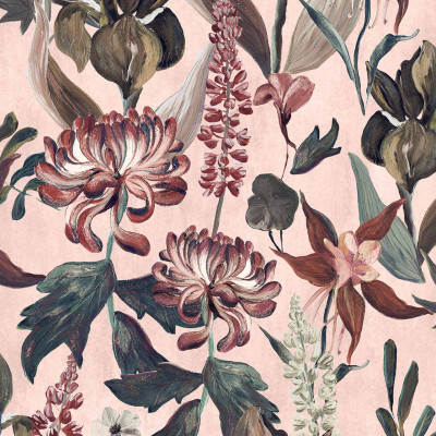 Tapet floral Jardín Rojo, Rosa, cu motive florale bogate, culori vibrante, roșu și roz, design elegant și sofisticat.