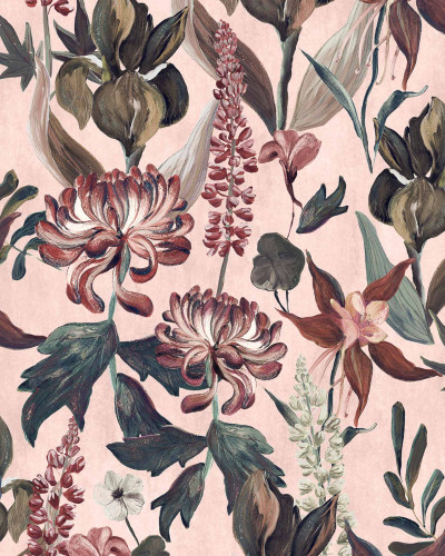Tapet floral Jardín Rojo, Rosa, cu motive florale bogate, culori vibrante, roșu și roz, design elegant și sofisticat.