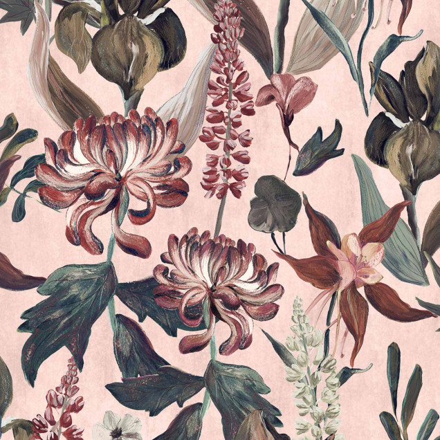 Tapet floral Jardín Rojo, Rosa, cu motive florale bogate, culori vibrante, roșu și roz, design elegant și sofisticat.