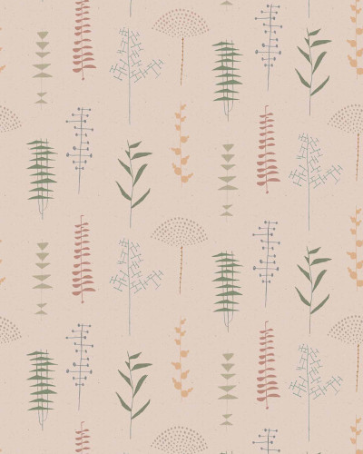 Tapet Herbario, Rosa, cu design delicat de plante, pe un perete în decor modern.