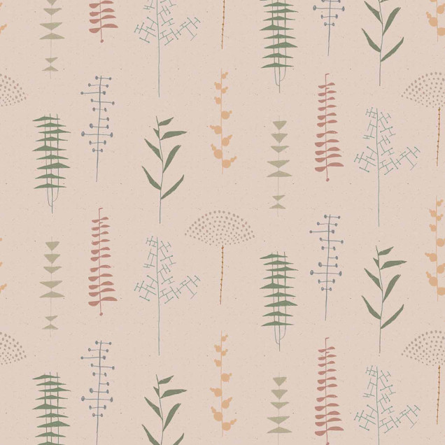 Tapet Herbario, Rosa, cu design delicat de plante, pe un perete în decor modern.