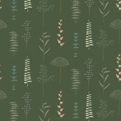 Tapet cu design modern Herbario, cu plante stilizate în culori calde de verde, crem și roz.