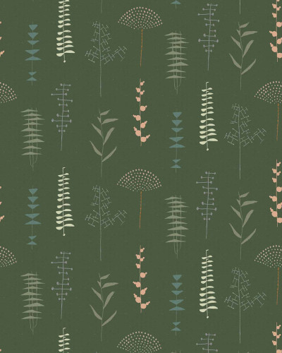 Tapet cu design modern Herbario, cu plante stilizate în culori calde de verde, crem și roz.