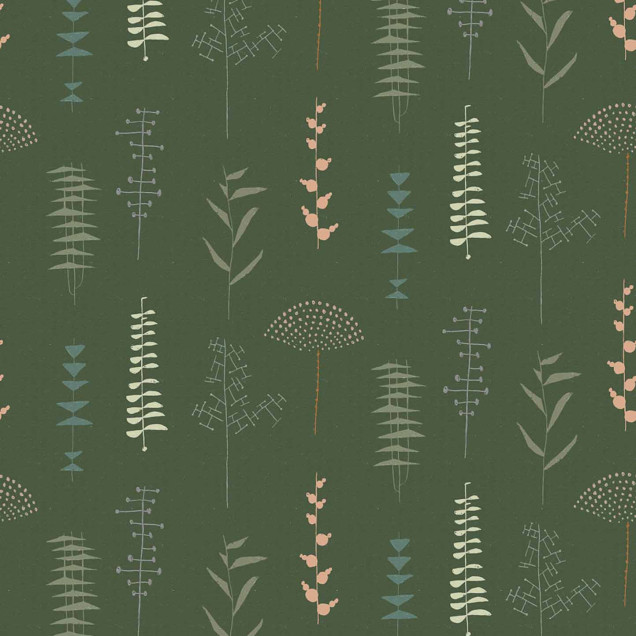 Tapet cu design modern Herbario, cu plante stilizate în culori calde de verde, crem și roz.