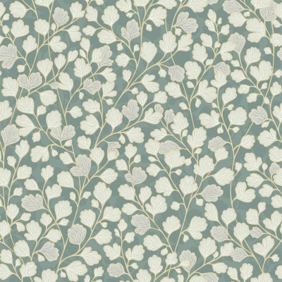 Tapet lavabil cu design modern de frunze alb-argintii pe un fundal verde deschis.