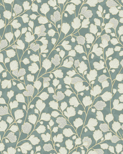 Tapet lavabil cu design modern de frunze alb-argintii pe un fundal verde deschis.