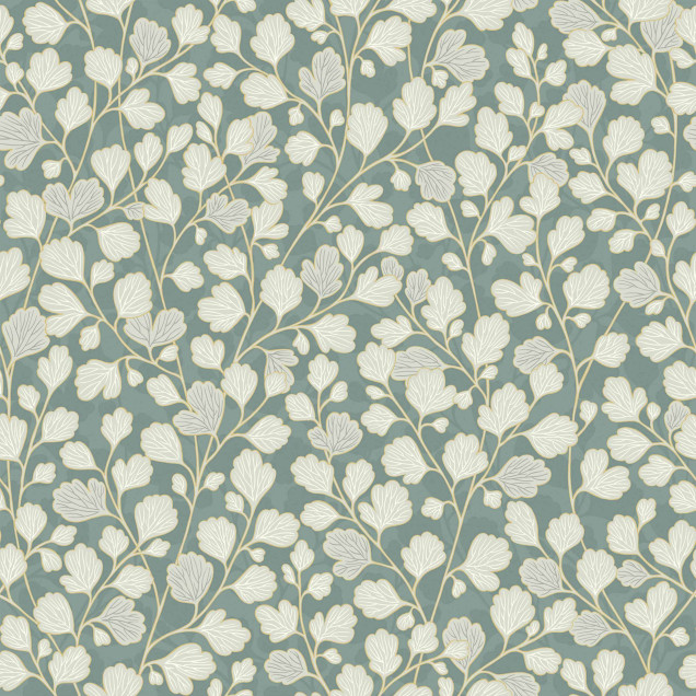 Tapet lavabil cu design modern de frunze alb-argintii pe un fundal verde deschis.