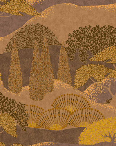 Tapet lavabil Jardín Japonés, Curry, cu design artistic al copacilor și dealurilor, inspirat din grădinile japoneze.