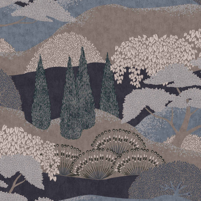 Tapet lavabil Jardín Japonés Añil, cu un design delicat, cu un model de copaci și dealuri, perfect pentru a aduce o notă de eleganță și relaxare în orice cameră.