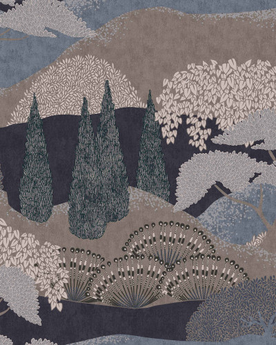 Tapet lavabil Jardín Japonés Añil, cu un design delicat, cu un model de copaci și dealuri, perfect pentru a aduce o notă de eleganță și relaxare în orice cameră.
