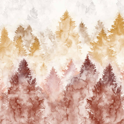 Tapet lavabil Mendia Coral, cu nuanțe calde de coral și maro, design unic cu siluete de copaci, inspirat din natura.
