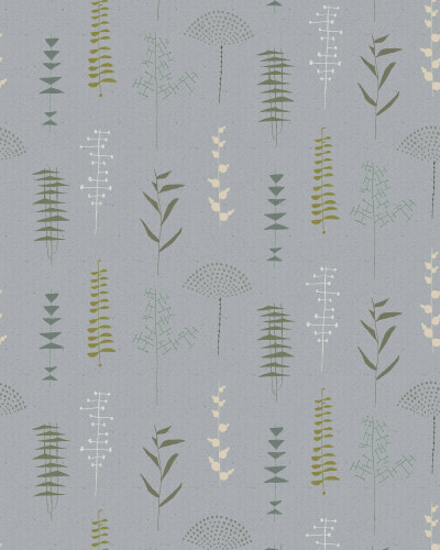 Tapet Herbario Aqua, design floral cu nuanțe de albastru, verde și crem. Se potrivește perfect pentru decorarea livingului sau dormitorului.