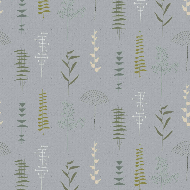 Tapet Herbario Aqua, design floral cu nuanțe de albastru, verde și crem. Se potrivește perfect pentru decorarea livingului sau dormitorului.
