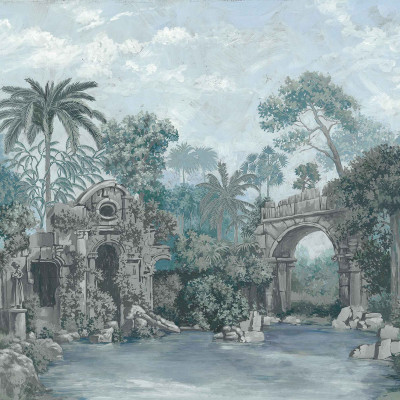 Tapet lavabil cu design colonial, în nuanțe de albastru, cu ruine și vegetație luxuriantă