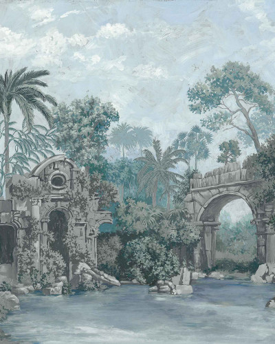Tapet lavabil cu design colonial, în nuanțe de albastru, cu ruine și vegetație luxuriantă