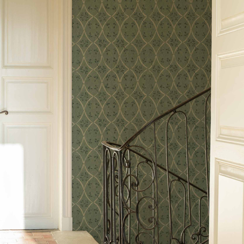 Tapet lavabil cu design clasic, cu o combinație de verde închis și crem.