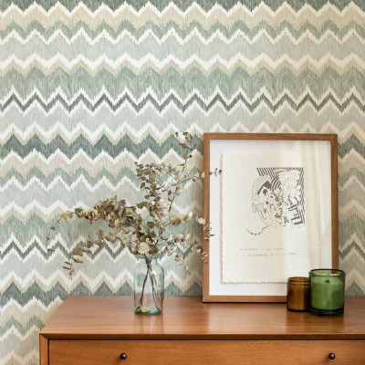 Tapet lavabil cu model geometric, in nuante de gri, verde si alb