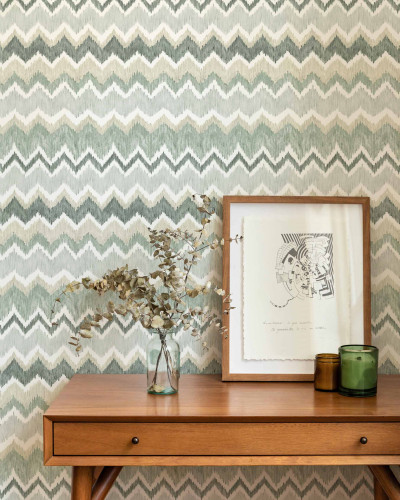 Tapet lavabil cu model geometric, in nuante de gri, verde si alb