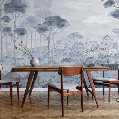 Tapet lavabil cu design minimalist de peisaj cu copaci si un palat in fundal, in nuante de albastru.