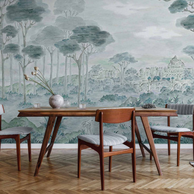 Tapet lavabil cu design Vista Hermosa, Sage, ce prezintă un peisaj pitoresc cu arbori și o clădire arhitecturală.