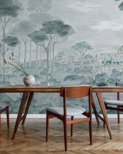 Tapet lavabil cu design Vista Hermosa, Sage, ce prezintă un peisaj pitoresc cu arbori și o clădire arhitecturală.