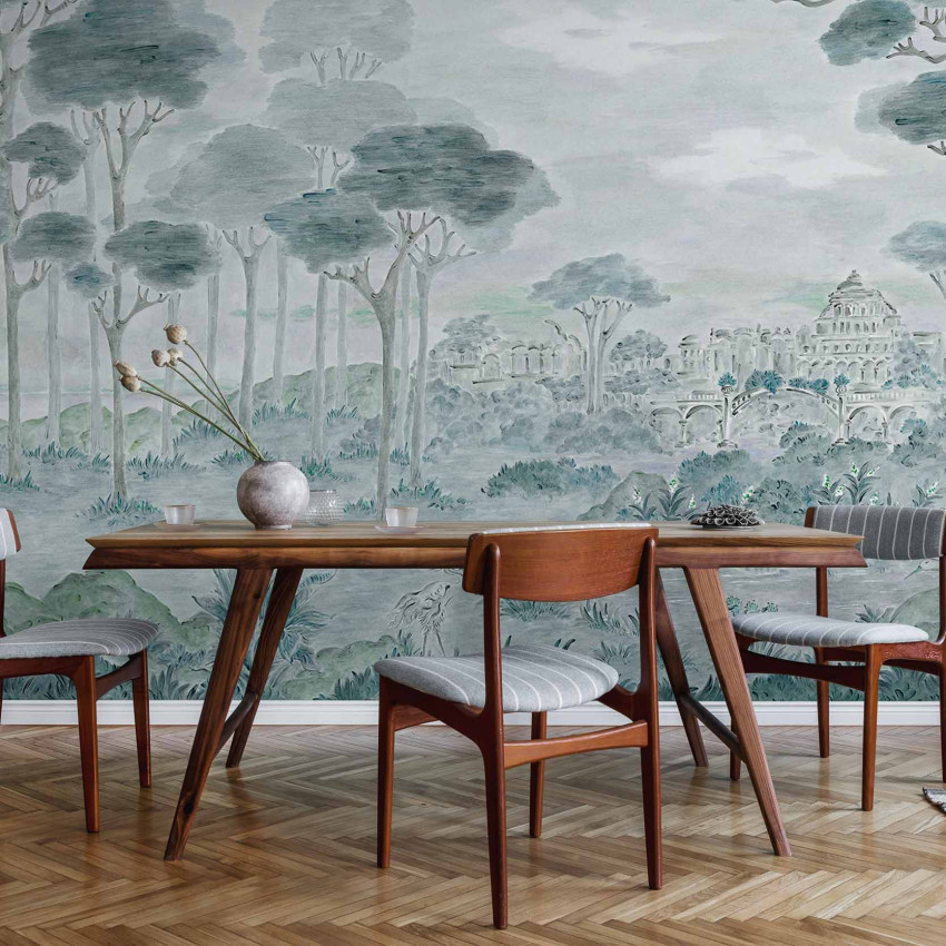 Tapet lavabil cu design Vista Hermosa, Sage, ce prezintă un peisaj pitoresc cu arbori și o clădire arhitecturală.