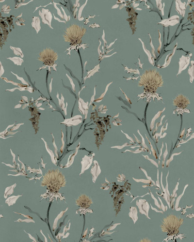 Tapet floral verde salvie într-un dormitor elegant