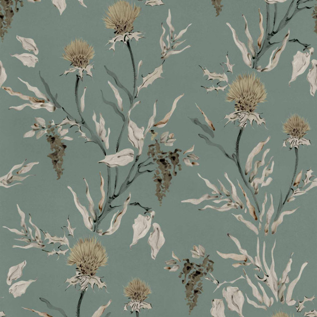 Tapet floral verde salvie într-un dormitor elegant