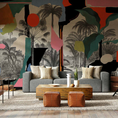 Tapet Colonial Abstraction cu design abstract in culori calde, cu palmieri si accente de roz.