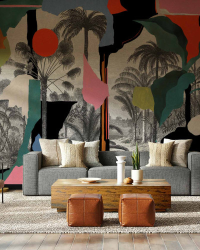 Tapet Colonial Abstraction cu design abstract in culori calde, cu palmieri si accente de roz.
