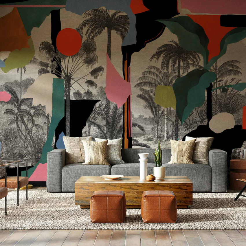 Tapet Colonial Abstraction cu design abstract in culori calde, cu palmieri si accente de roz.