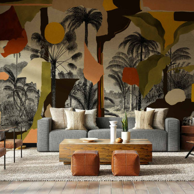 Tapet lavabil Colonial Abstraction, Toasted, TresTintas, cu design exotic, in living.