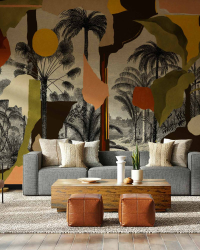 Tapet lavabil Colonial Abstraction, Toasted, TresTintas, cu design exotic, in living.